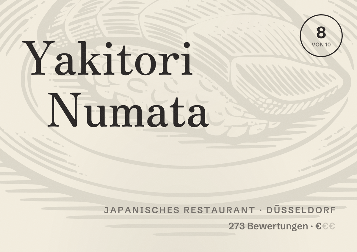 Illustriertes Poster von Yakitori Numata, Japanisches Restaurant in Düsseldorf: Bewertung 8,0 von 10 aus 273 Bewertungen, Preisniveau €