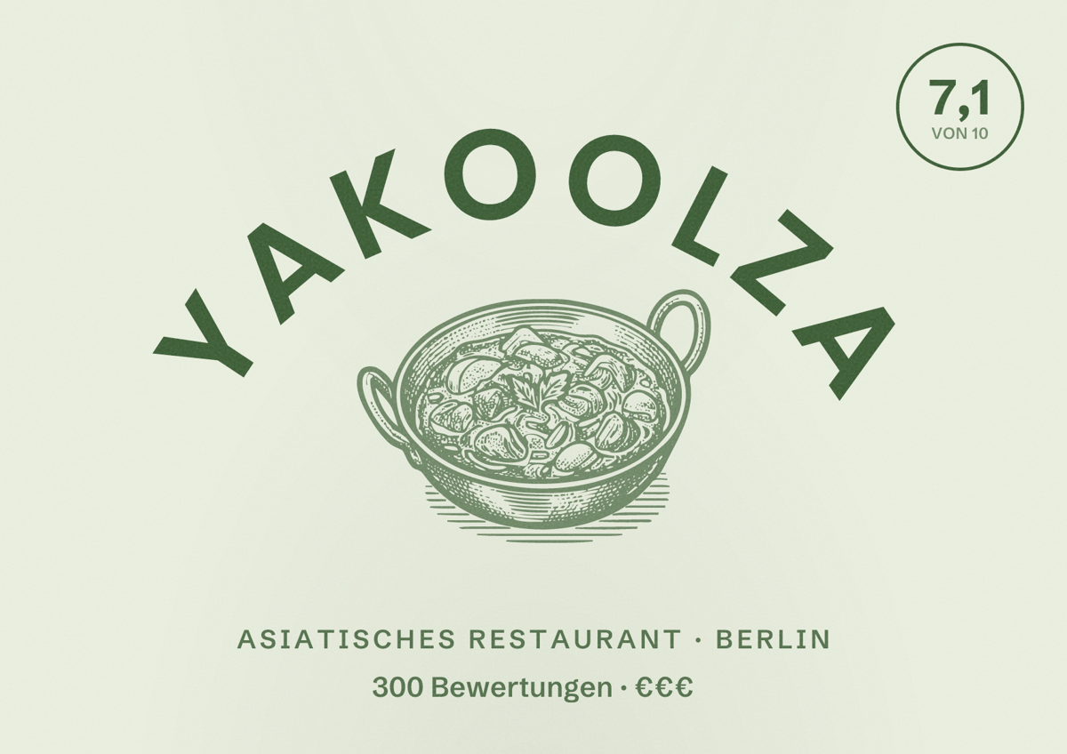 Illustriertes Poster von YAKOOLZA, Asiatisches Restaurant in Berlin: Bewertung 7,1 von 10 aus 300 Bewertungen, Preisniveau €€€