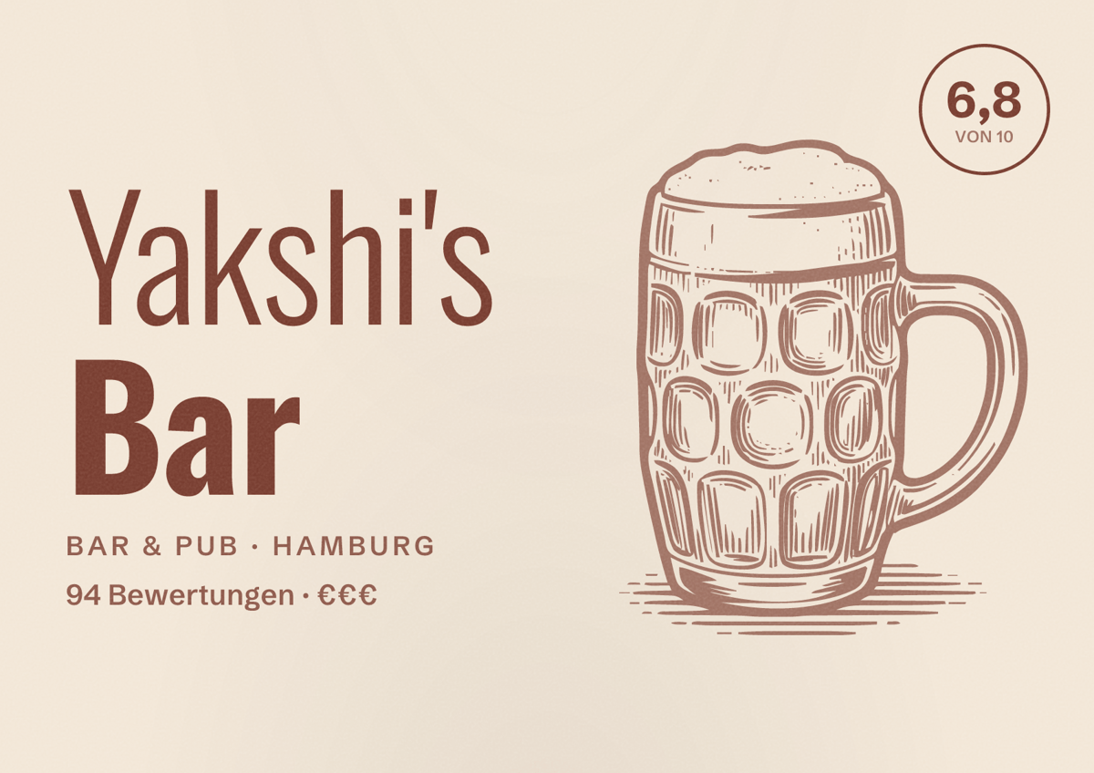 Illustriertes Poster von Yakshi's Bar, Bar & Pub in Hamburg: Bewertung 6,8 von 10 aus 94 Bewertungen, Preisniveau €€€