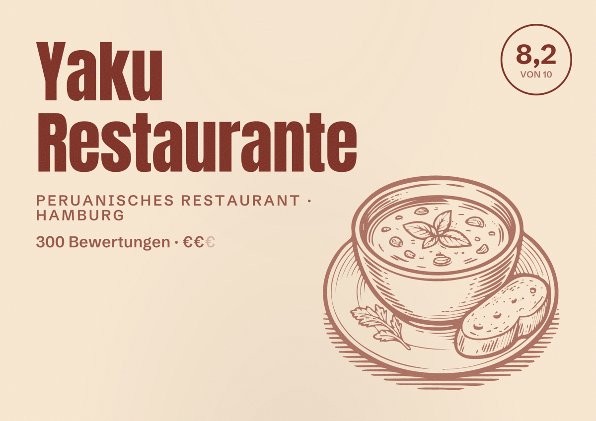 Illustriertes Poster von Yaku Restaurante, Peruanisches Restaurant in Hamburg: Bewertung 8,2 von 10 aus 300 Bewertungen, Preisniveau €€