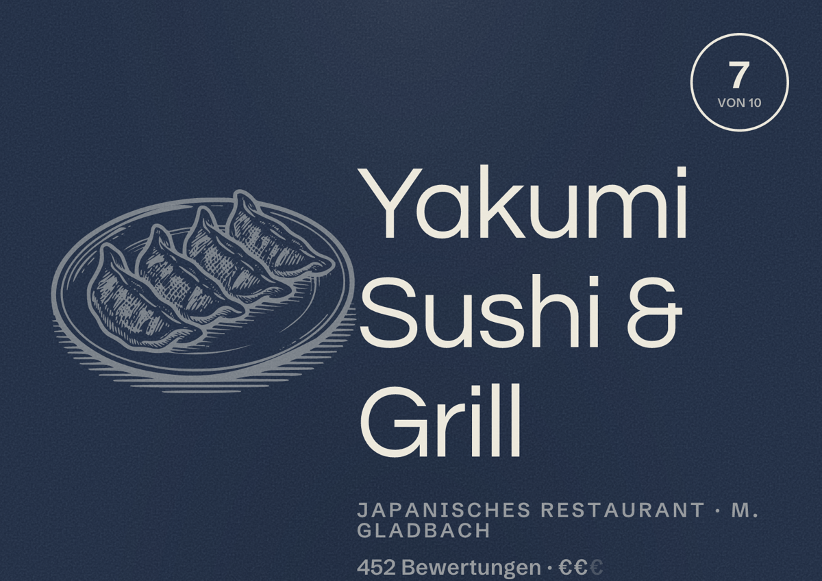 Illustriertes Poster von Yakumi Sushi & Grill, Japanisches Restaurant in M. Gladbach: Bewertung 7 von 10 aus 452 Bewertungen, Preisniveau €€