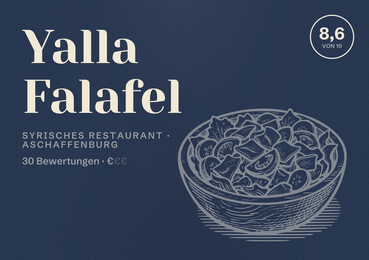 Illustriertes Poster von Yalla Falafel, Syrisches Restaurant in Aschaffenburg: Bewertung 8,6 von 10 aus 30 Bewertungen, Preisniveau €