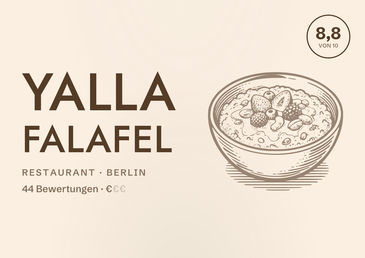 Illustriertes Poster von Yalla Falafel, Restaurant in Berlin: Bewertung 8,8 von 10 aus 44 Bewertungen, Preisniveau €