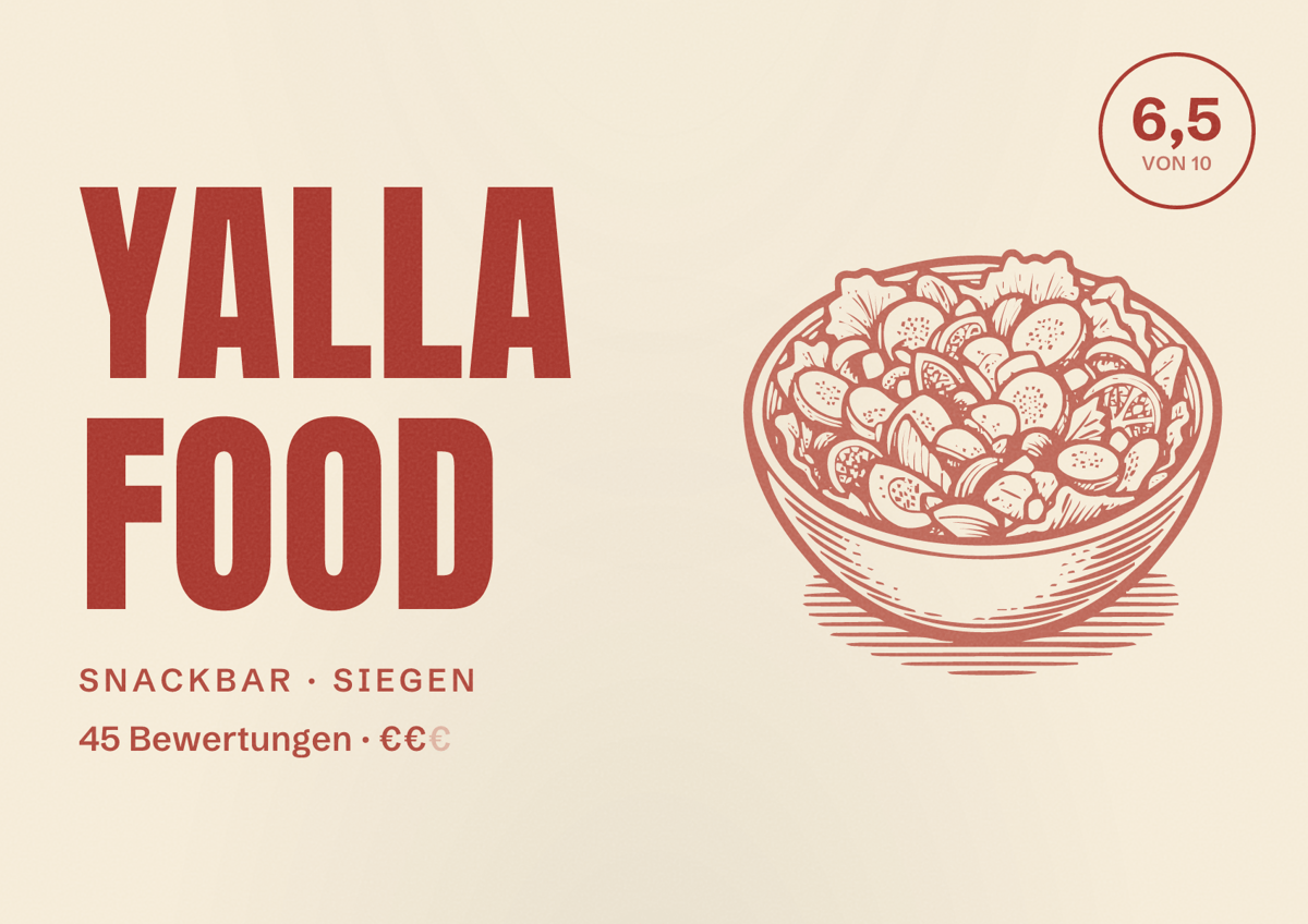 Illustriertes Poster von Yalla Food, Snackbar in Siegen: Bewertung 6,5 von 10 aus 45 Bewertungen, Preisniveau €€