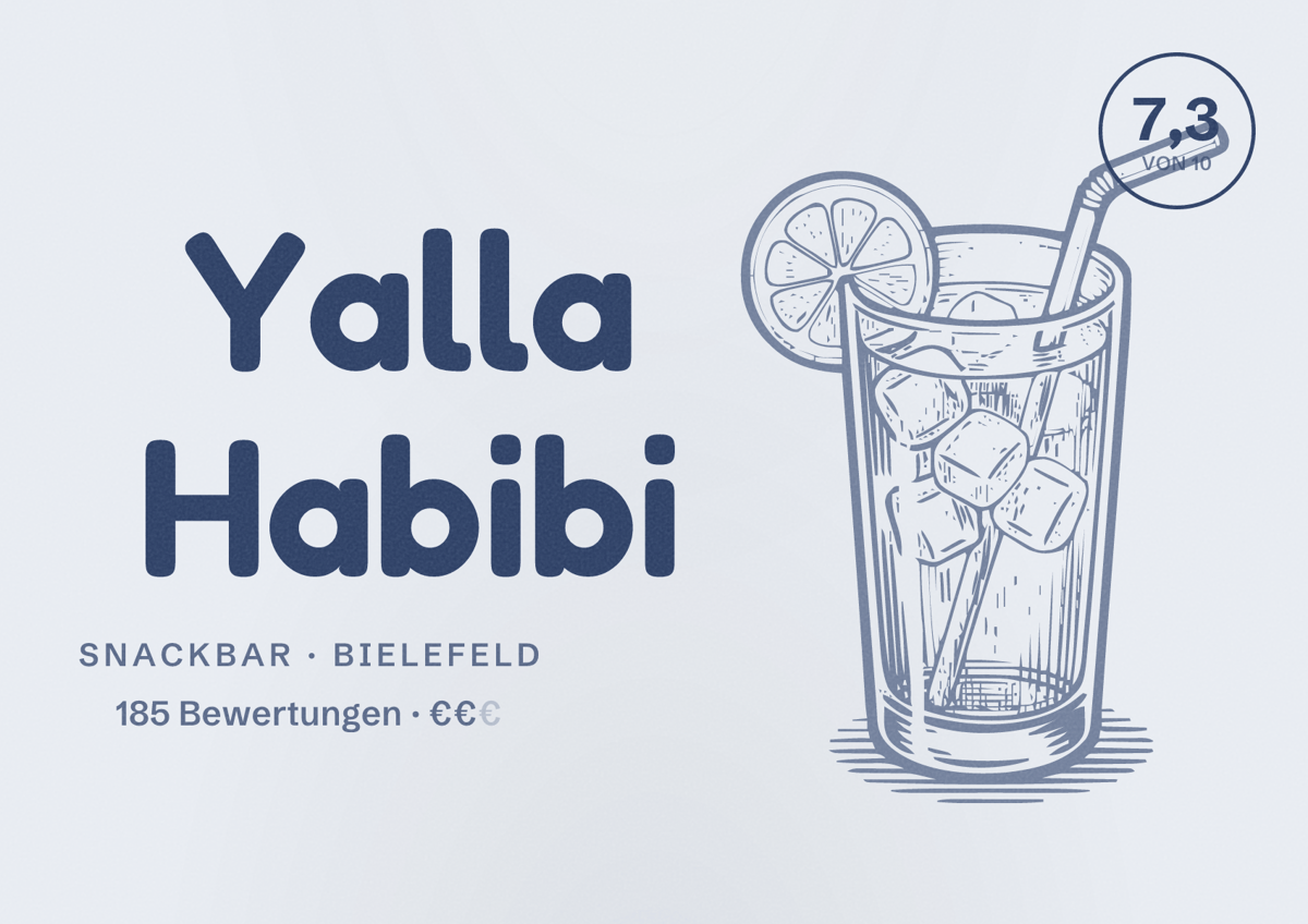 Illustriertes Poster von Yalla Habibi, Snackbar in Bielefeld: Bewertung 7,3 von 10 aus 185 Bewertungen, Preisniveau €€