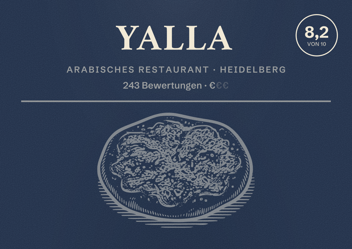 Illustriertes Poster von Yalla, Arabisches Restaurant in Heidelberg: Bewertung 8,2 von 10 aus 243 Bewertungen, Preisniveau €