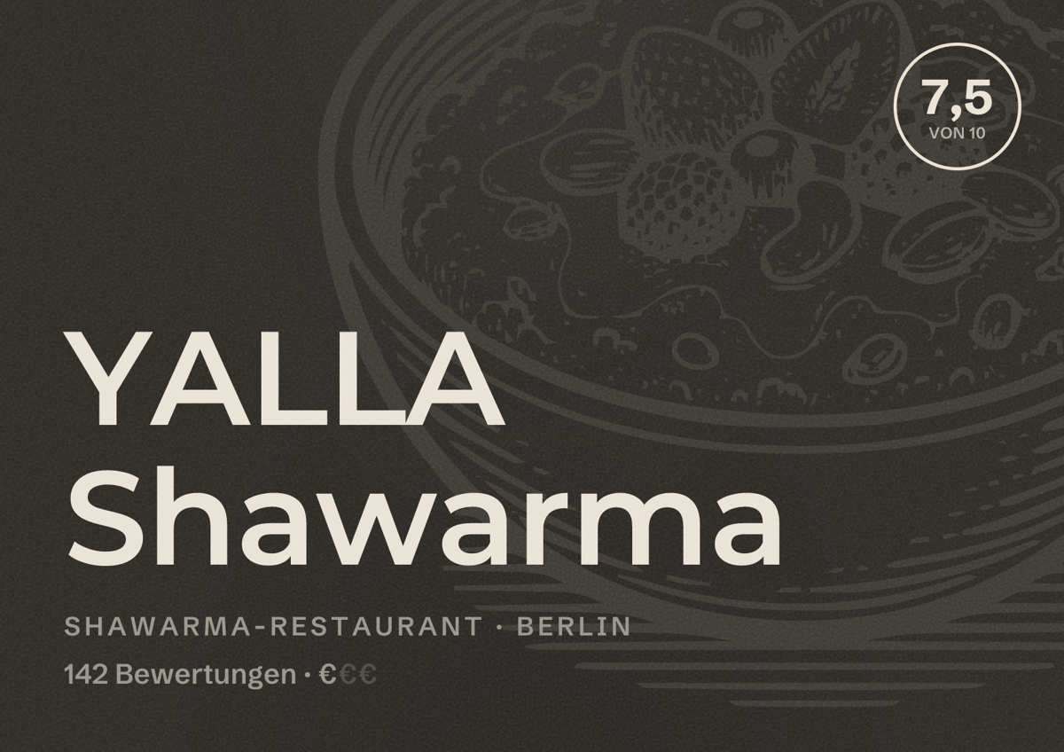 Illustriertes Poster von YALLA Shawarma, Shawarma-Restaurant in Berlin: Bewertung 7,5 von 10 aus 142 Bewertungen, Preisniveau €