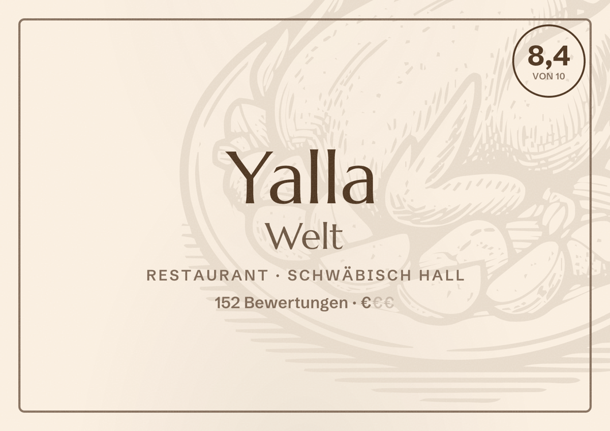 Illustriertes Poster von Yalla Welt, Restaurant in Schwäbisch Hall: Bewertung 8,4 von 10 aus 152 Bewertungen, Preisniveau €