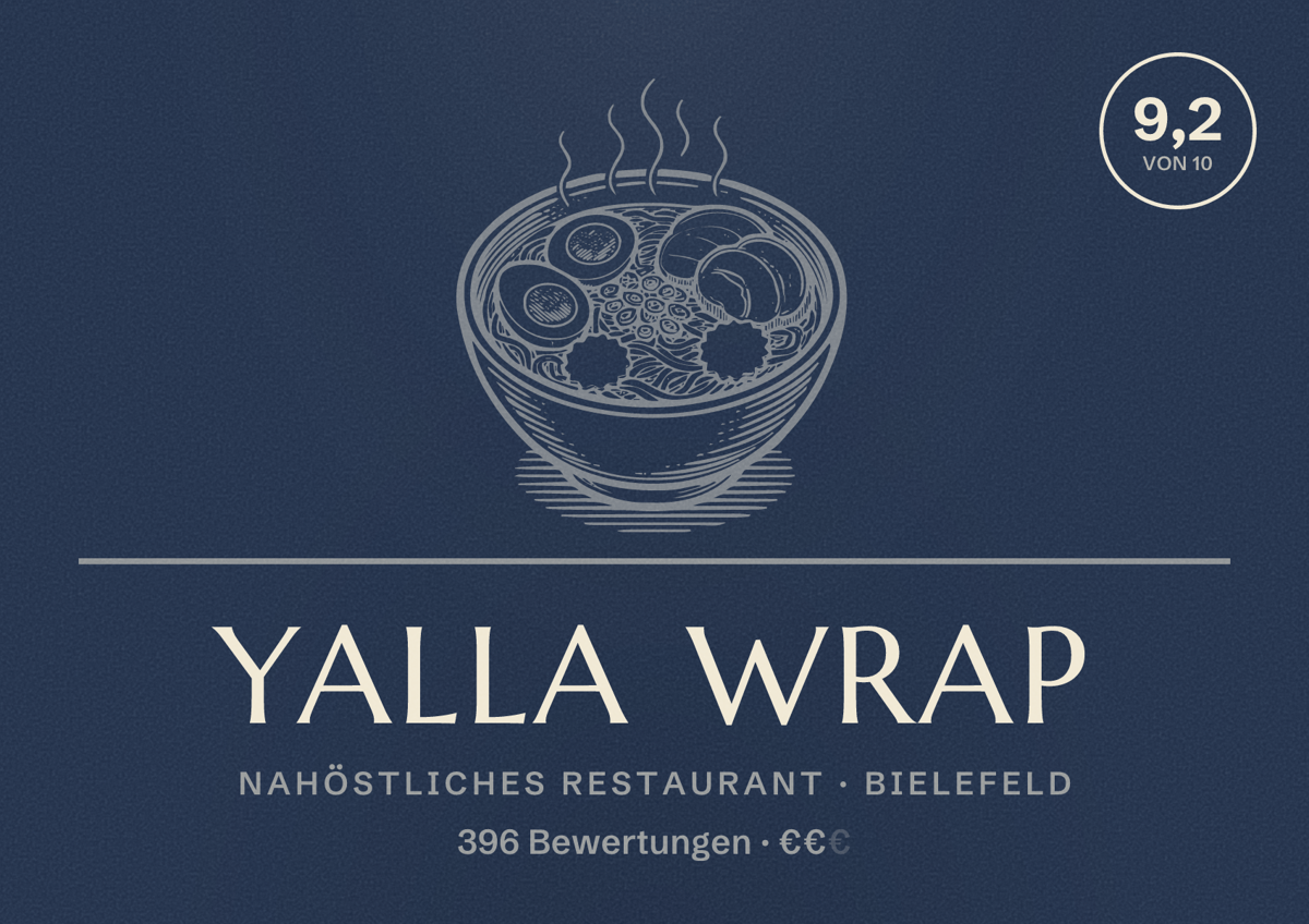 Illustriertes Poster von Yalla Wrap, Nahöstliches Restaurant in Bielefeld: Bewertung 9,2 von 10 aus 396 Bewertungen, Preisniveau €€
