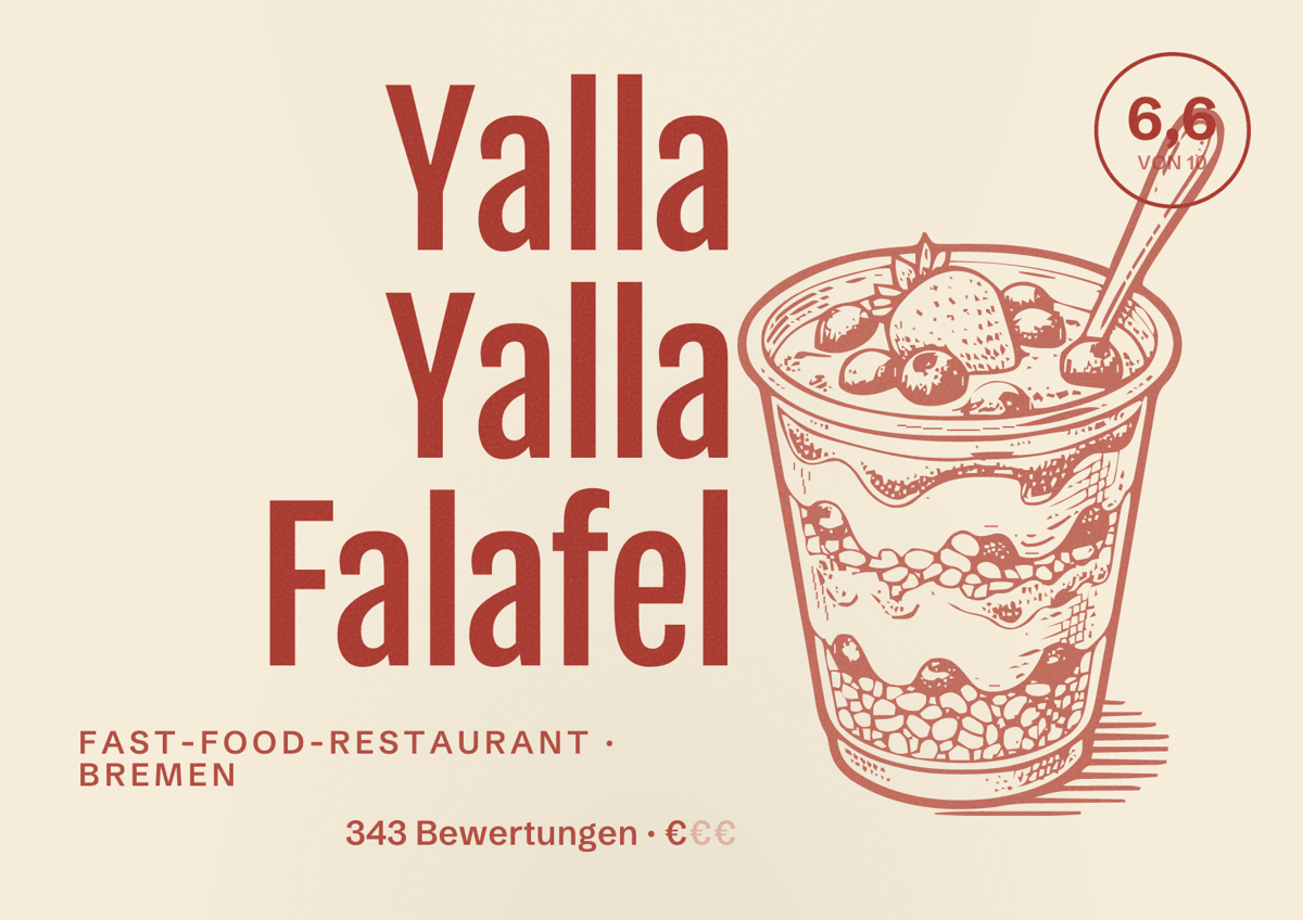 Illustriertes Poster von Yalla Yalla Falafel, Fast-Food-Restaurant in Bremen: Bewertung 6,6 von 10 aus 343 Bewertungen, Preisniveau €