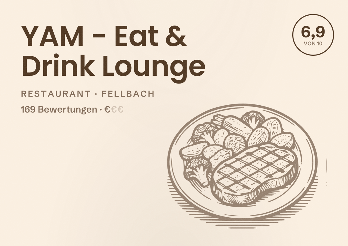 Illustriertes Poster von YAM - Eat & Drink Lounge, Restaurant in Fellbach: Bewertung 6,9 von 10 aus 169 Bewertungen, Preisniveau €
