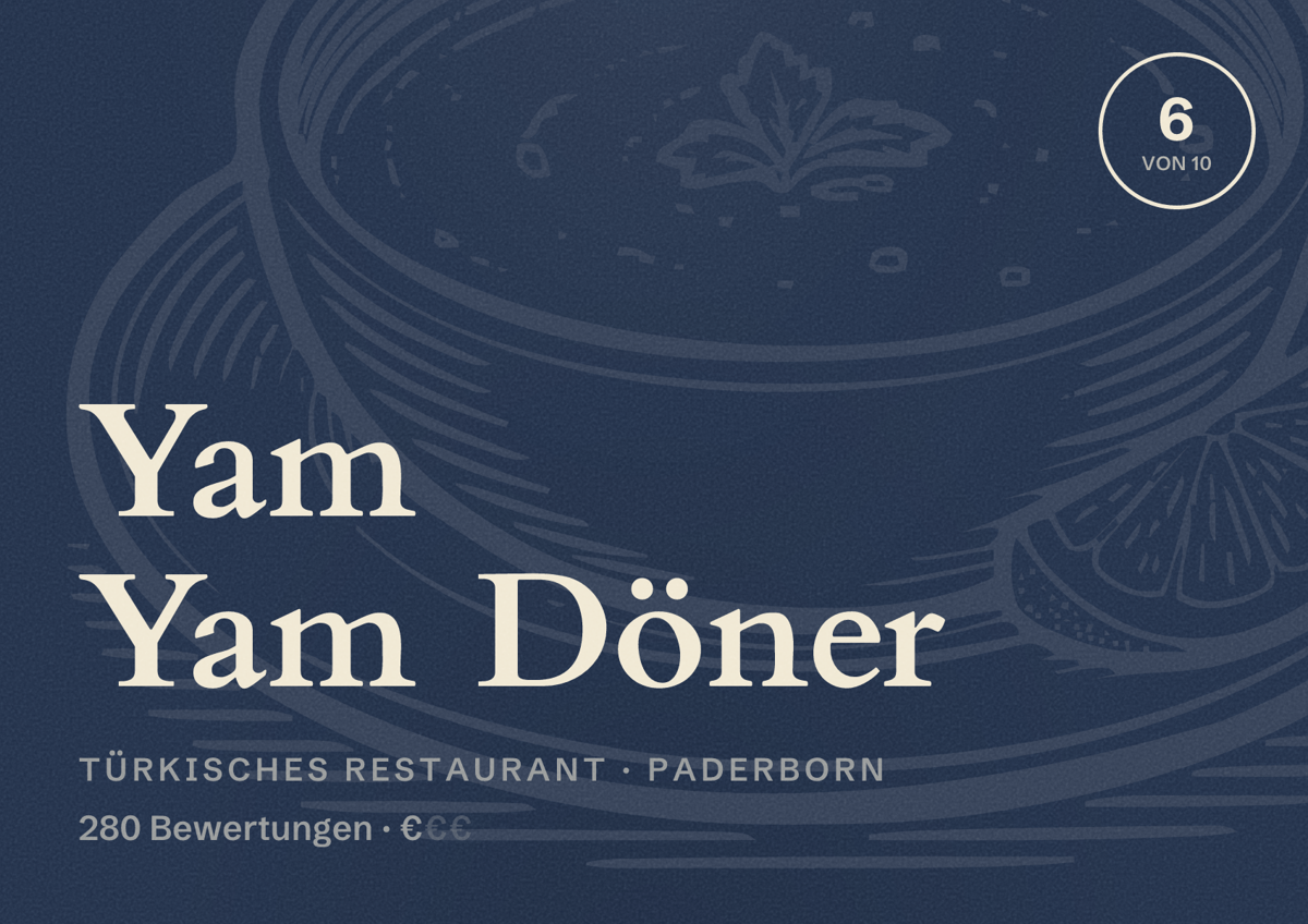 Illustriertes Poster von Yam Yam Döner, Türkisches Restaurant in Paderborn: Bewertung 6,0 von 10 aus 280 Bewertungen, Preisniveau €