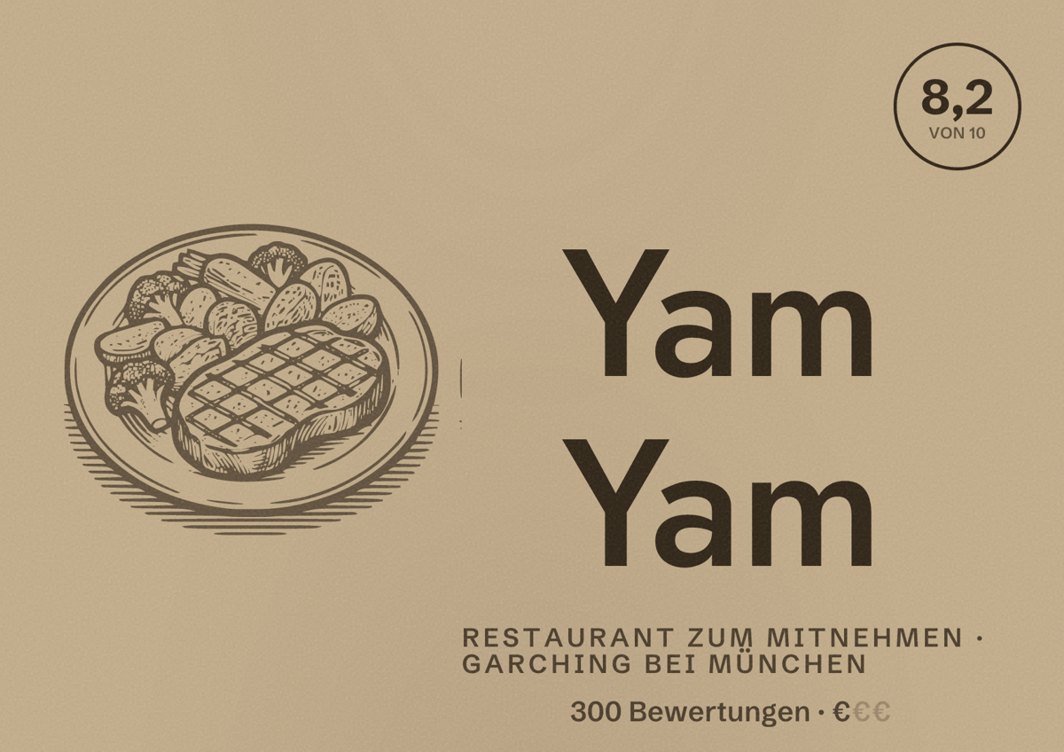 Illustriertes Poster von Yam Yam, Restaurant zum Mitnehmen in Garching bei München: Bewertung 8,2 von 10 aus 300 Bewertungen, Preisniveau €