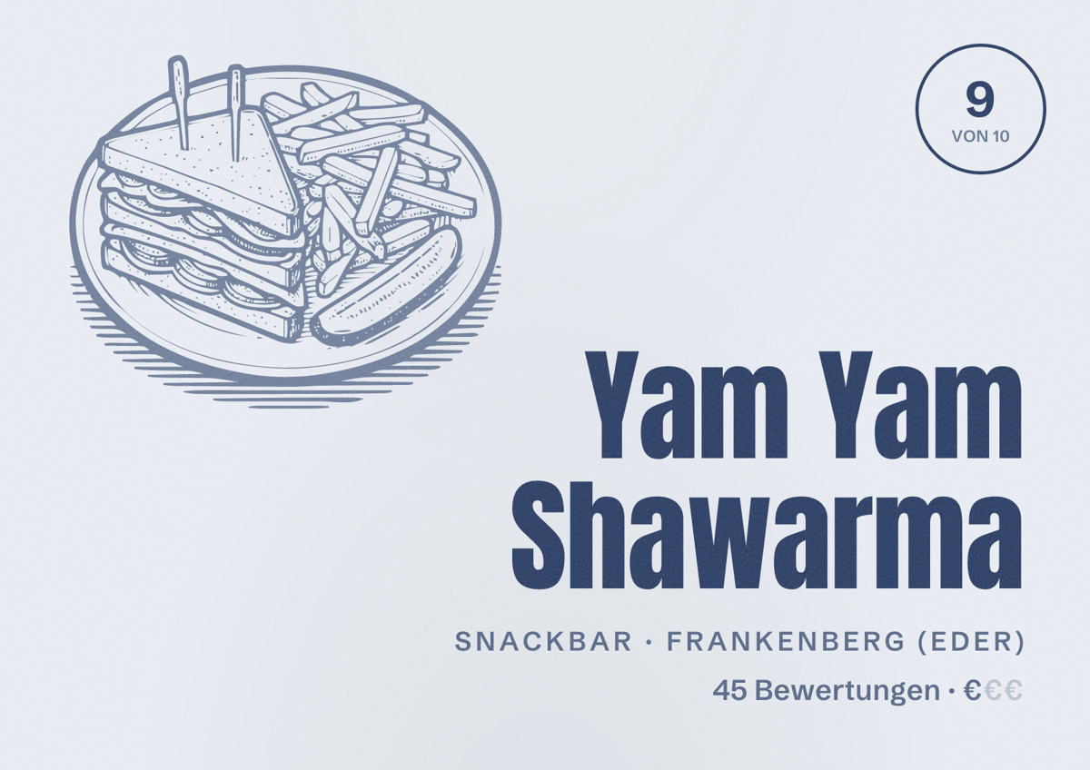 Illustriertes Poster von Yam Yam Shawarma, Snackbar in Frankenberg (Eder): Bewertung 9 von 10 aus 45 Bewertungen, Preisniveau €