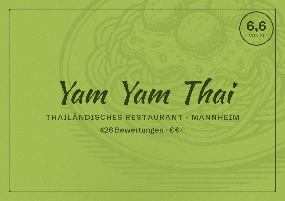 Illustriertes Poster von Yam Yam Thai, Thailändisches Restaurant in Mannheim: Bewertung 6,6 von 10 aus 428 Bewertungen, Preisniveau €€