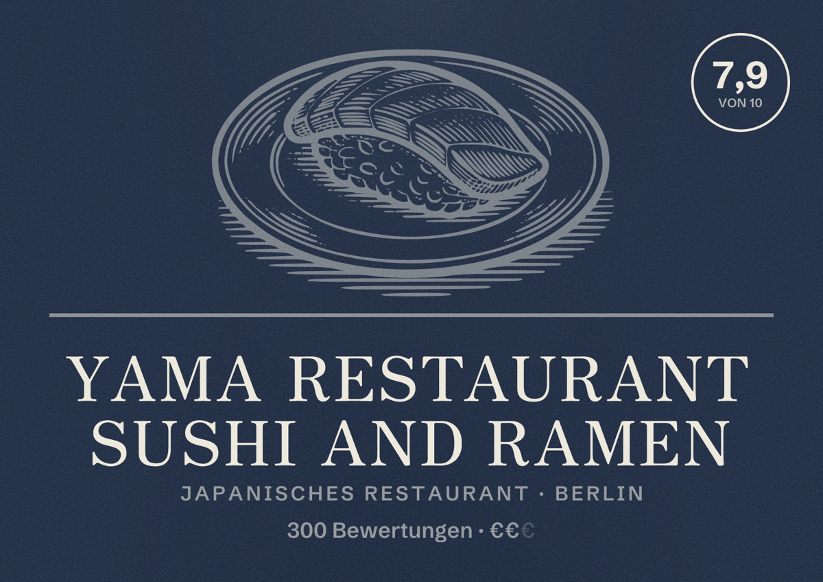 Illustriertes Poster von Yama Restaurant Sushi and Ramen, Japanisches Restaurant in Berlin: Bewertung 7,9 von 10 aus 300 Bewertungen, Preisniveau €€