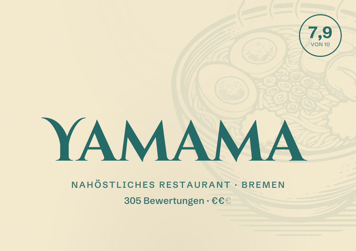 Illustriertes Poster von Yamama, Nahöstliches Restaurant in Bremen: Bewertung 7,9 von 10 aus 305 Bewertungen, Preisniveau €€