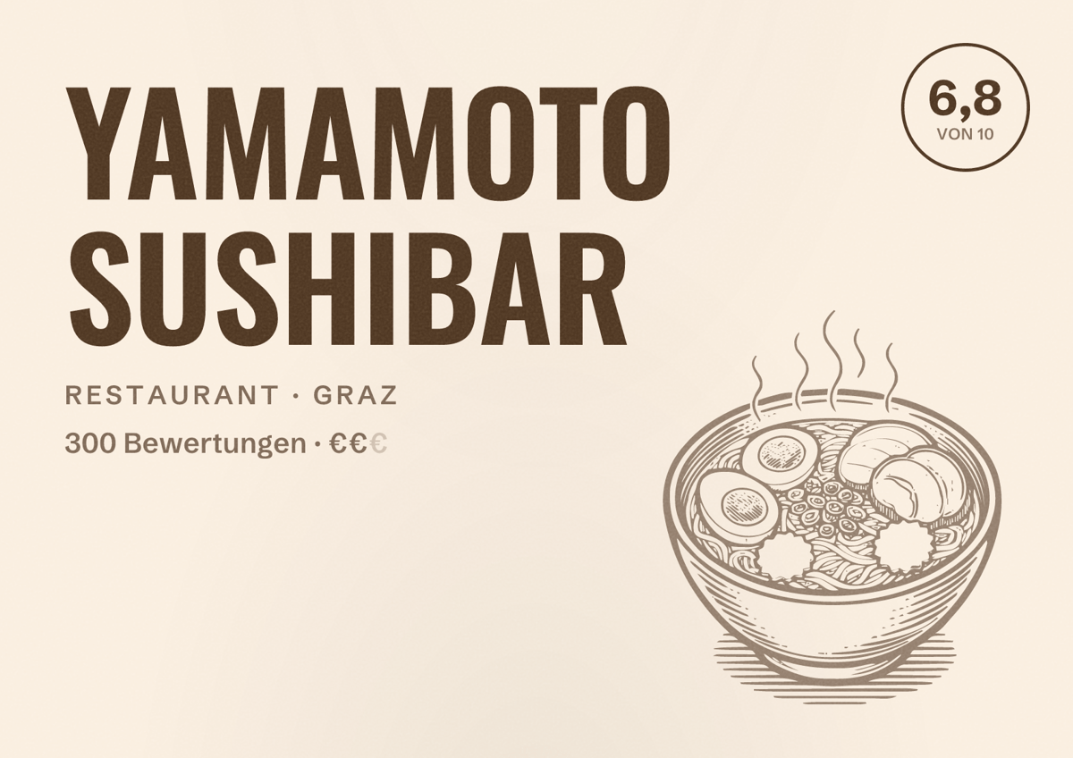 Illustriertes Poster von YAMAMOTO SUSHIBAR, Restaurant in Graz: Bewertung 6,8 von 10 aus 300 Bewertungen, Preisniveau €€