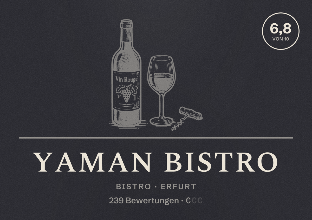 Illustriertes Poster von Yaman Bistro, Bistro in Erfurt: Bewertung 6,8 von 10 aus 239 Bewertungen, Preisniveau €