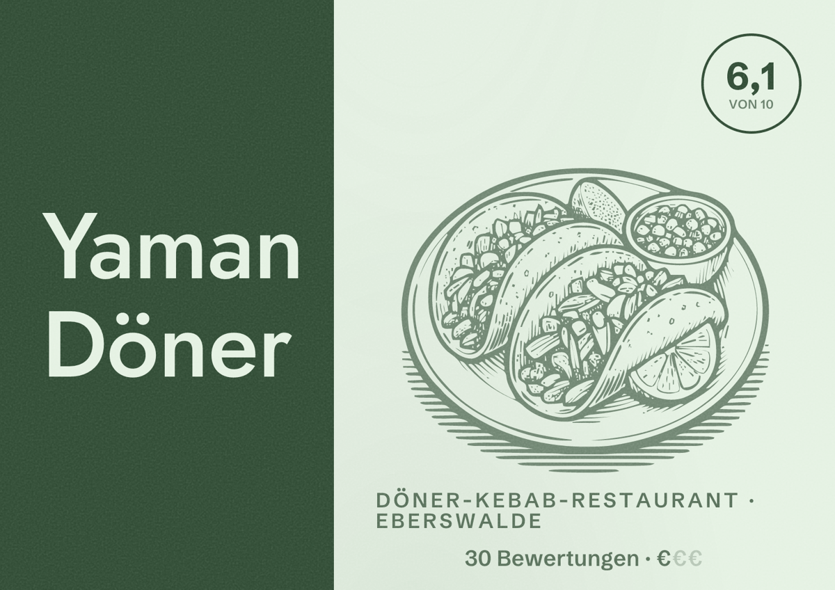 Illustriertes Poster von Yaman Döner, Döner-Kebab-Restaurant in Eberswalde: Bewertung 6,1 von 10 aus 30 Bewertungen, Preisniveau €