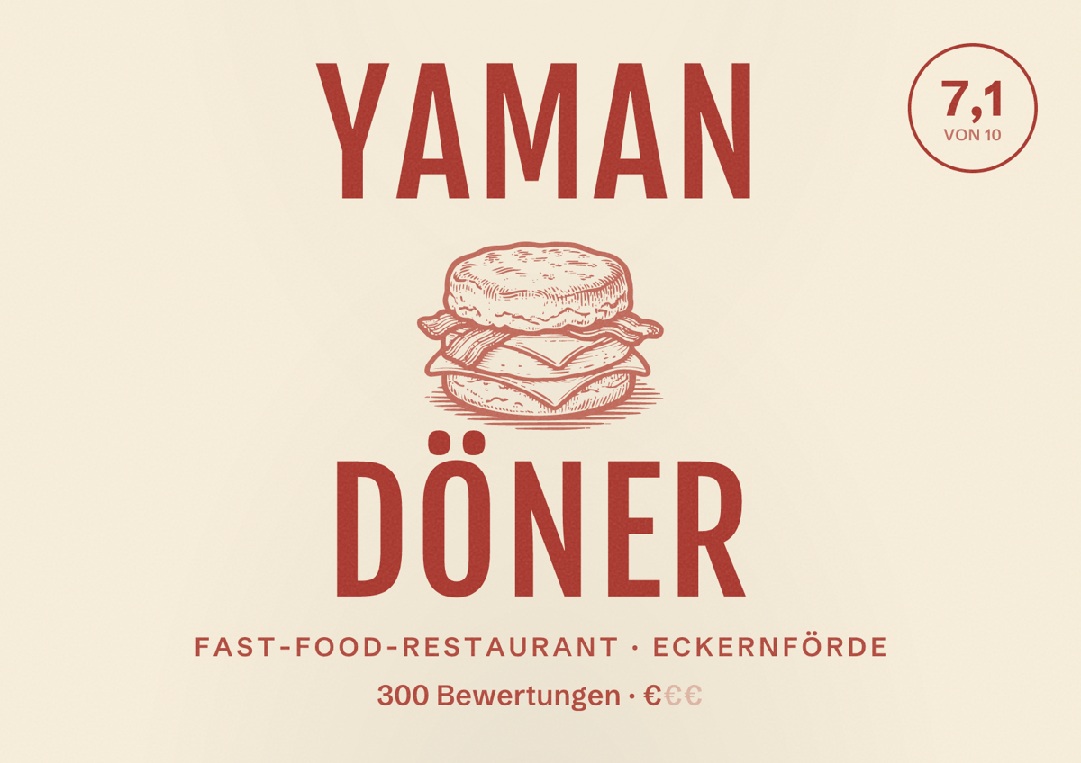 Illustriertes Poster von Yaman Döner, Fast-Food-Restaurant in Eckernförde: Bewertung 7,1 von 10 aus 300 Bewertungen, Preisniveau €