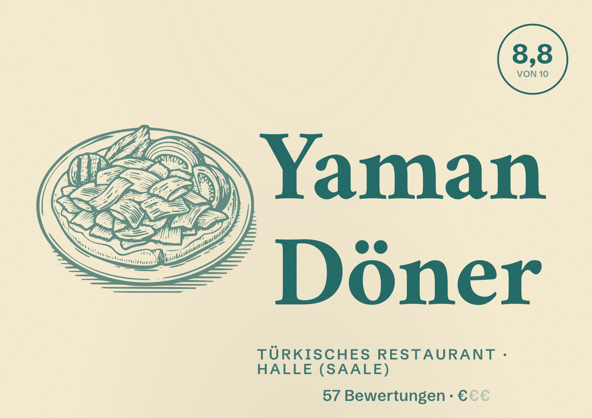 Illustriertes Poster von Yaman Döner, Türkisches Restaurant in Halle (Saale): Bewertung 8,8 von 10 aus 57 Bewertungen, Preisniveau €