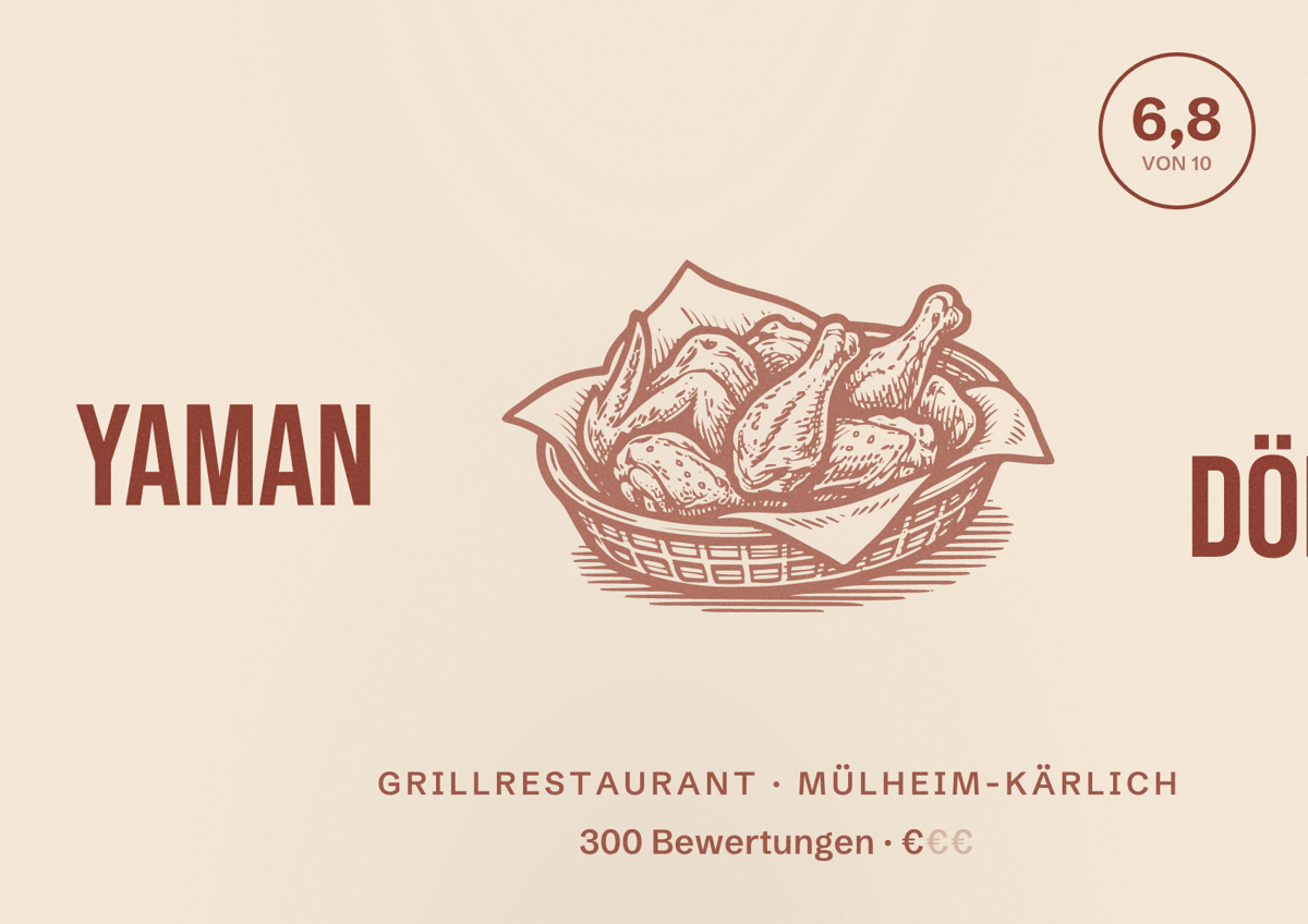 Illustriertes Poster von Yaman Döner, Grillrestaurant in Mülheim-Kärlich: Bewertung 6,8 von 10 aus 300 Bewertungen, Preisniveau €