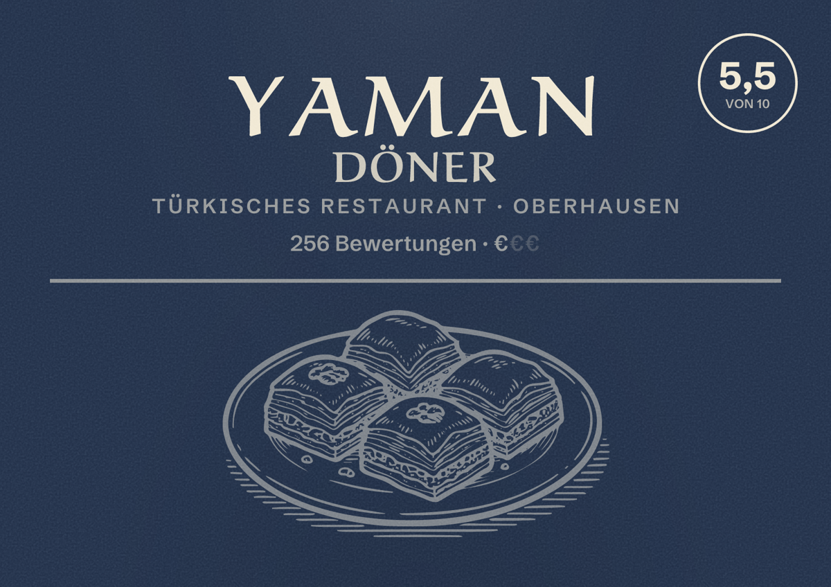 Illustriertes Poster von Yaman Döner, Türkisches Restaurant in Oberhausen: Gästebewertung 5,5 von 10 aus 256 Bewertungen