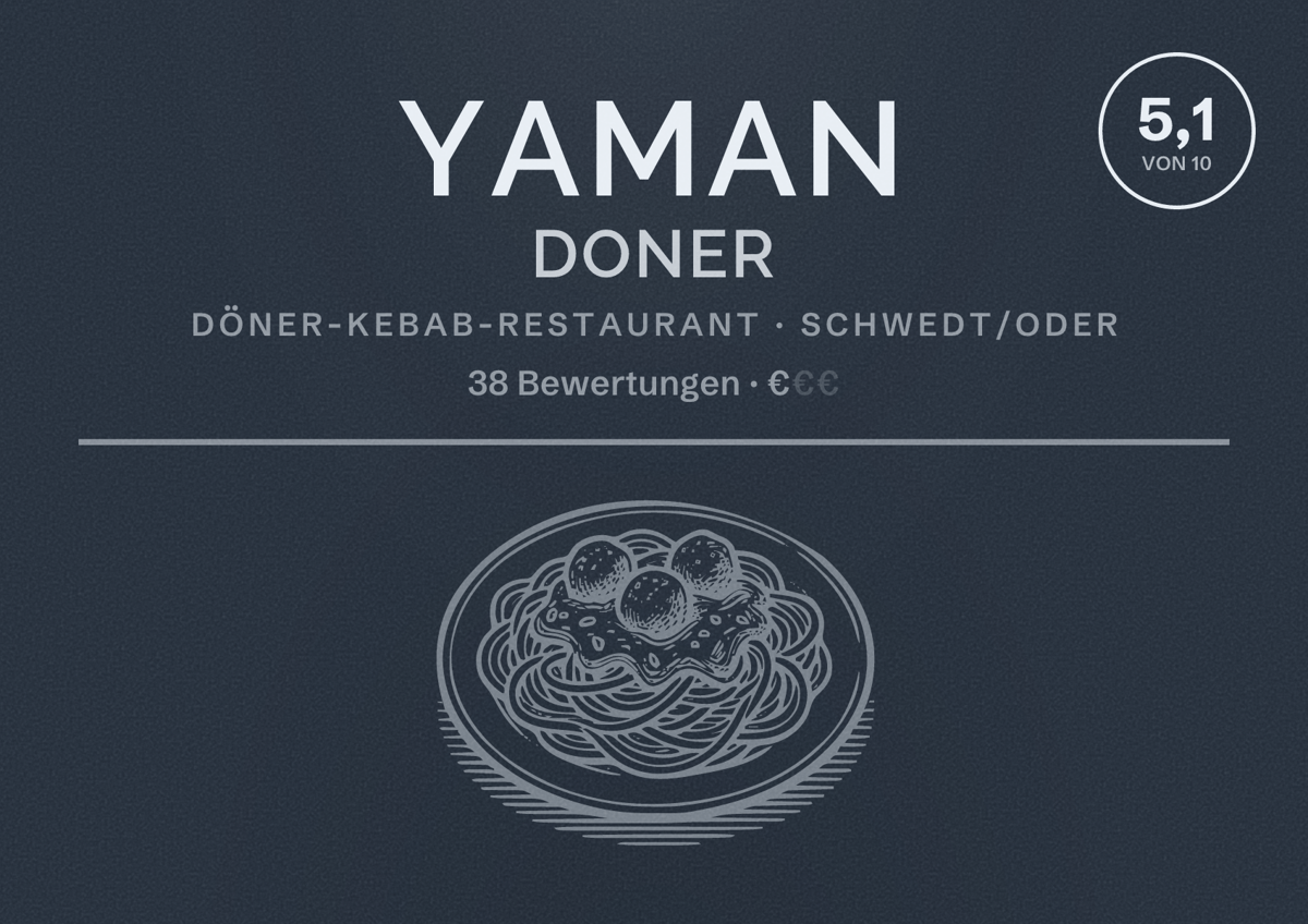 Illustriertes Poster von YAMAN DONER, Döner-Kebab-Restaurant in Schwedt/Oder: Bewertung 5,1 von 10 aus 38 Bewertungen, Preisniveau €
