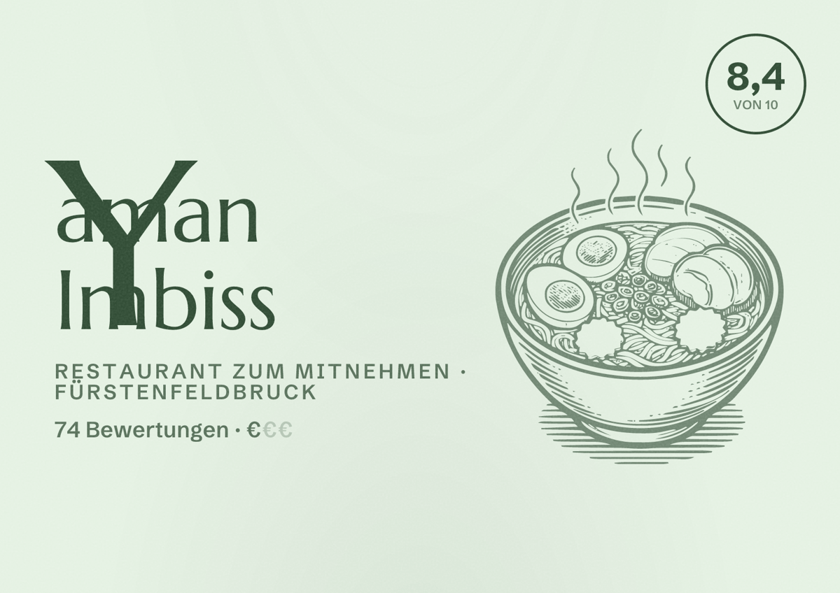 Illustriertes Poster von Yaman Imbiss, Restaurant zum Mitnehmen in Fürstenfeldbruck: Bewertung 8,4 von 10 aus 74 Bewertungen, Preisniveau €
