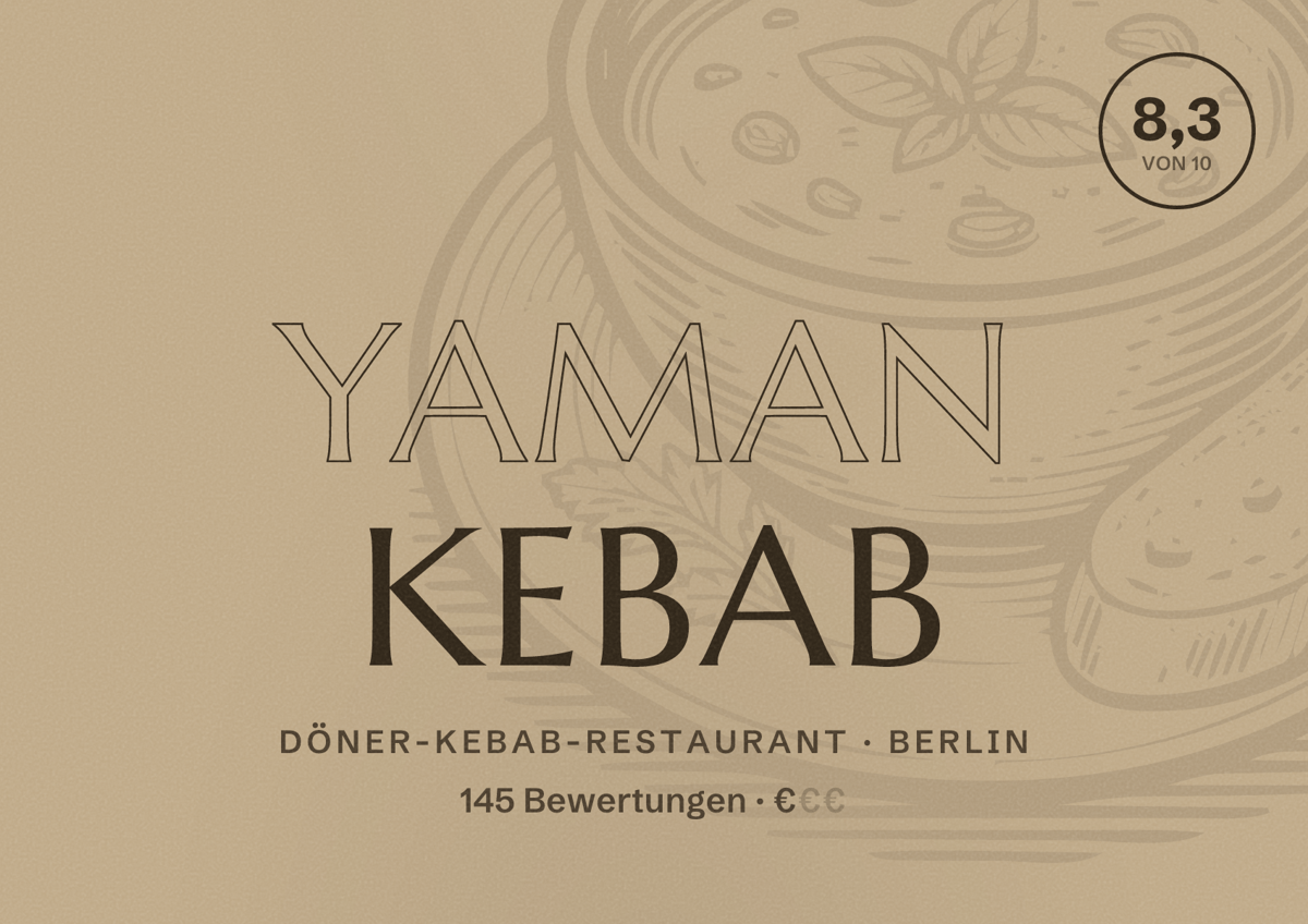 Illustriertes Poster von Yaman Kebab, Döner-Kebab-Restaurant in Berlin: Bewertung 8,3 von 10 aus 145 Bewertungen, Preisniveau €