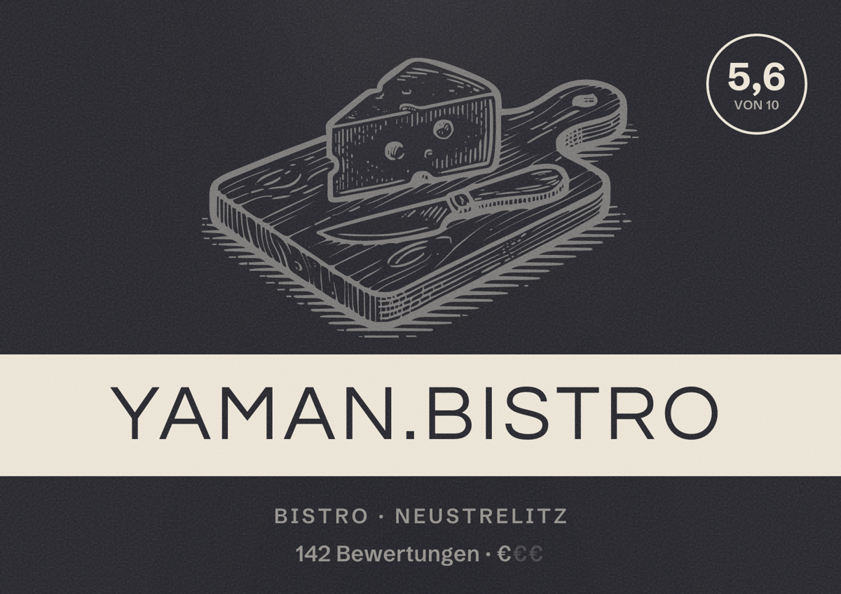 Illustriertes Poster von Yaman.bistro, Bistro in Neustrelitz: Bewertung 5,6 von 10 aus 142 Bewertungen, Preisniveau €