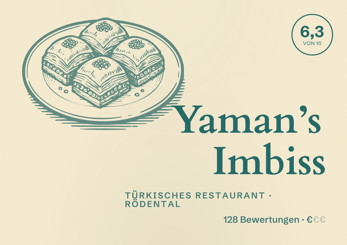 Illustriertes Poster von Yaman’s Imbiss, Türkisches Restaurant in Rödental: Bewertung 6,3 von 10 aus 128 Bewertungen, Preisniveau €