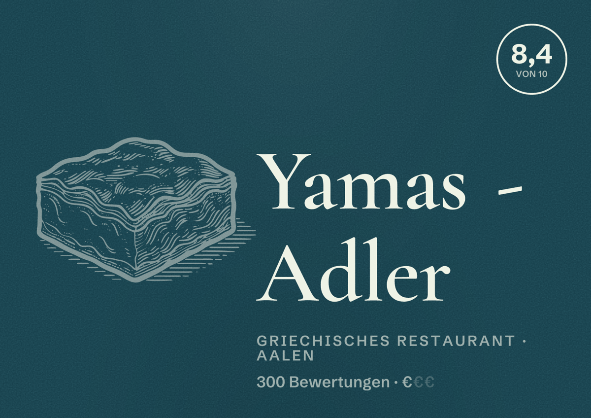Illustriertes Poster von Yamas - Adler, Griechisches Restaurant in Aalen: Bewertung 8,4 von 10 aus 300 Bewertungen, Preisniveau €
