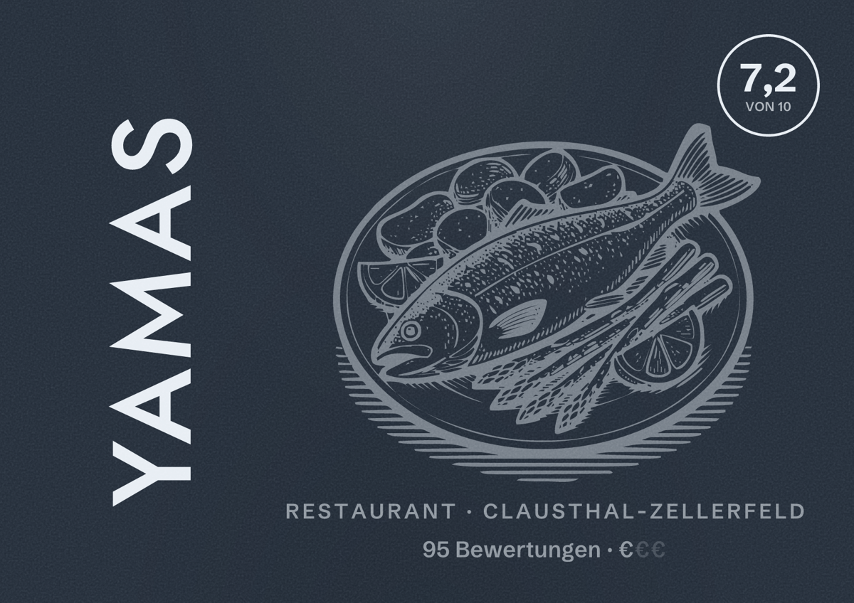 Illustriertes Poster von Yamas, Restaurant in Clausthal-Zellerfeld: Bewertung 7,2 von 10 aus 95 Bewertungen, Preisniveau €