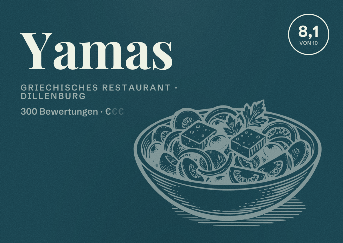 Illustriertes Poster von Yamas, Griechisches Restaurant in Dillenburg: Bewertung 8,1 von 10 aus 300 Bewertungen, Preisniveau €