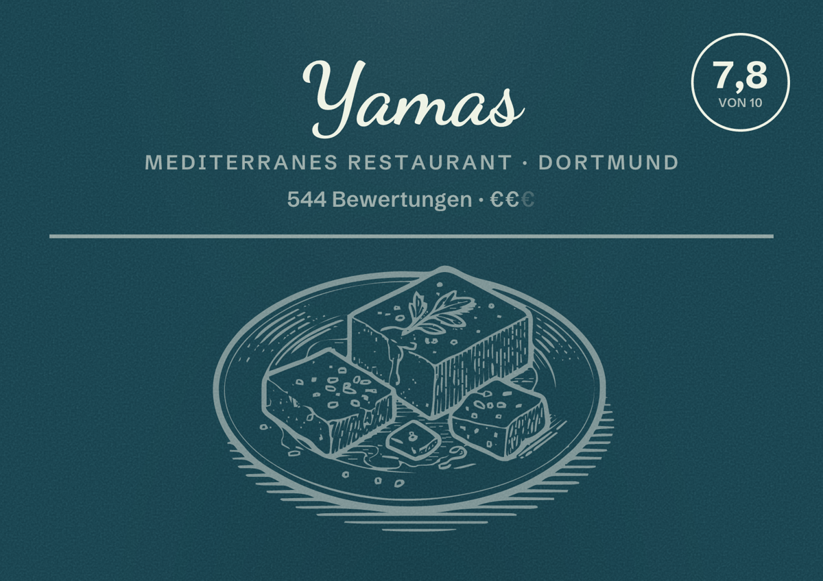 Illustriertes Poster von Yamas, Mediterranes Restaurant in Dortmund: Bewertung 7,8 von 10 aus 544 Bewertungen, Preisniveau €€