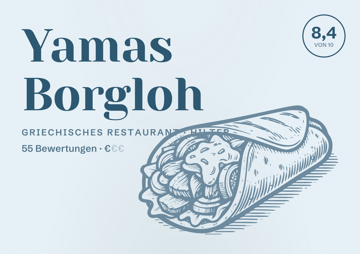 Illustriertes Poster von Yamas Borgloh, Griechisches Restaurant in Hilter: Bewertung 8,4 von 10 aus 55 Bewertungen, Preisniveau €