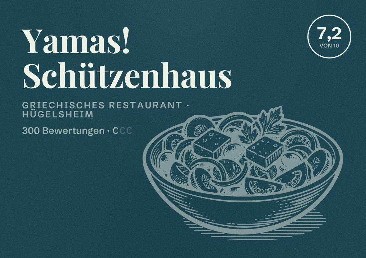 Illustriertes Poster von Yamas! Schützenhaus, Griechisches Restaurant in Hügelsheim: Bewertung 7,2 von 10 aus 300 Bewertungen, Preisniveau €