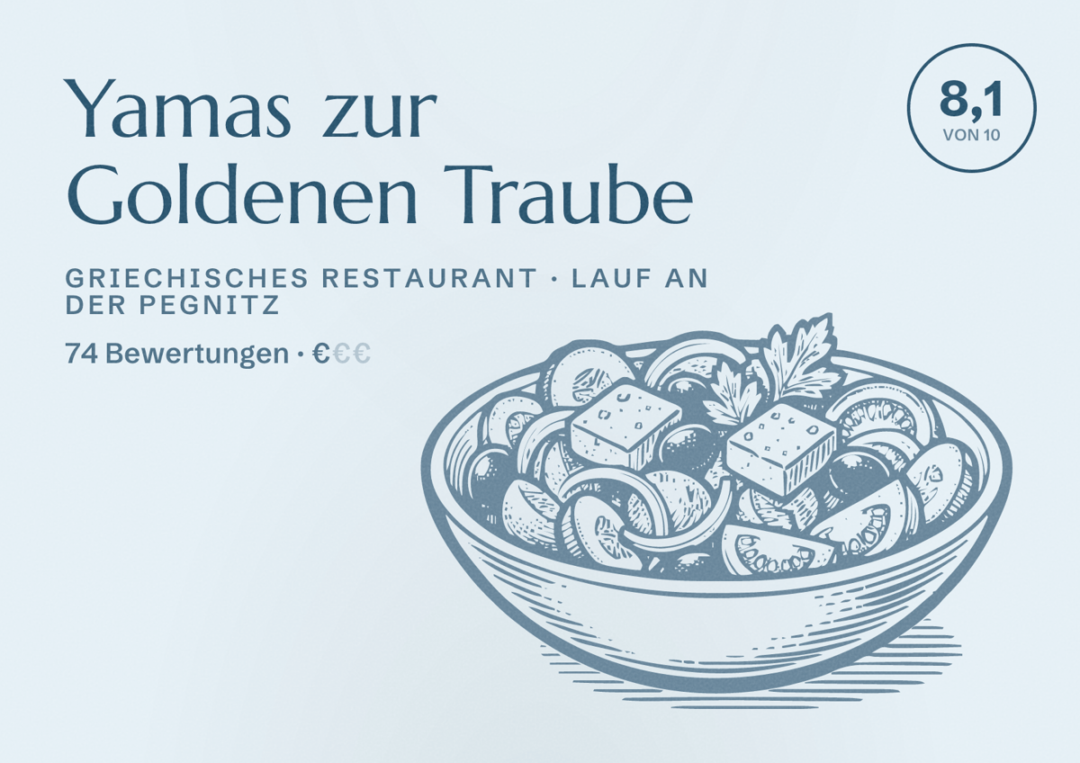 Illustriertes Poster von Yamas zur Goldenen Traube, Griechisches Restaurant in Lauf an der Pegnitz: Bewertung 8,1 von 10 aus 74 Bewertungen, Preisniveau €