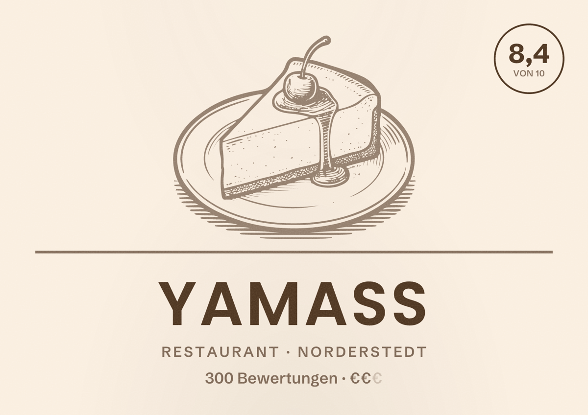Illustriertes Poster von Yamass, Restaurant in Norderstedt: Bewertung 8,4 von 10 aus 300 Bewertungen, Preisniveau €€