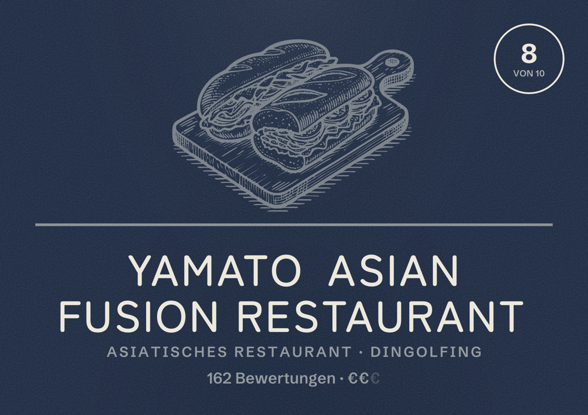 Illustriertes Poster von Yamato Asian Fusion Restaurant, Asiatisches Restaurant in Dingolfing: Bewertung 8 von 10 aus 162 Bewertungen, Preisniveau €€