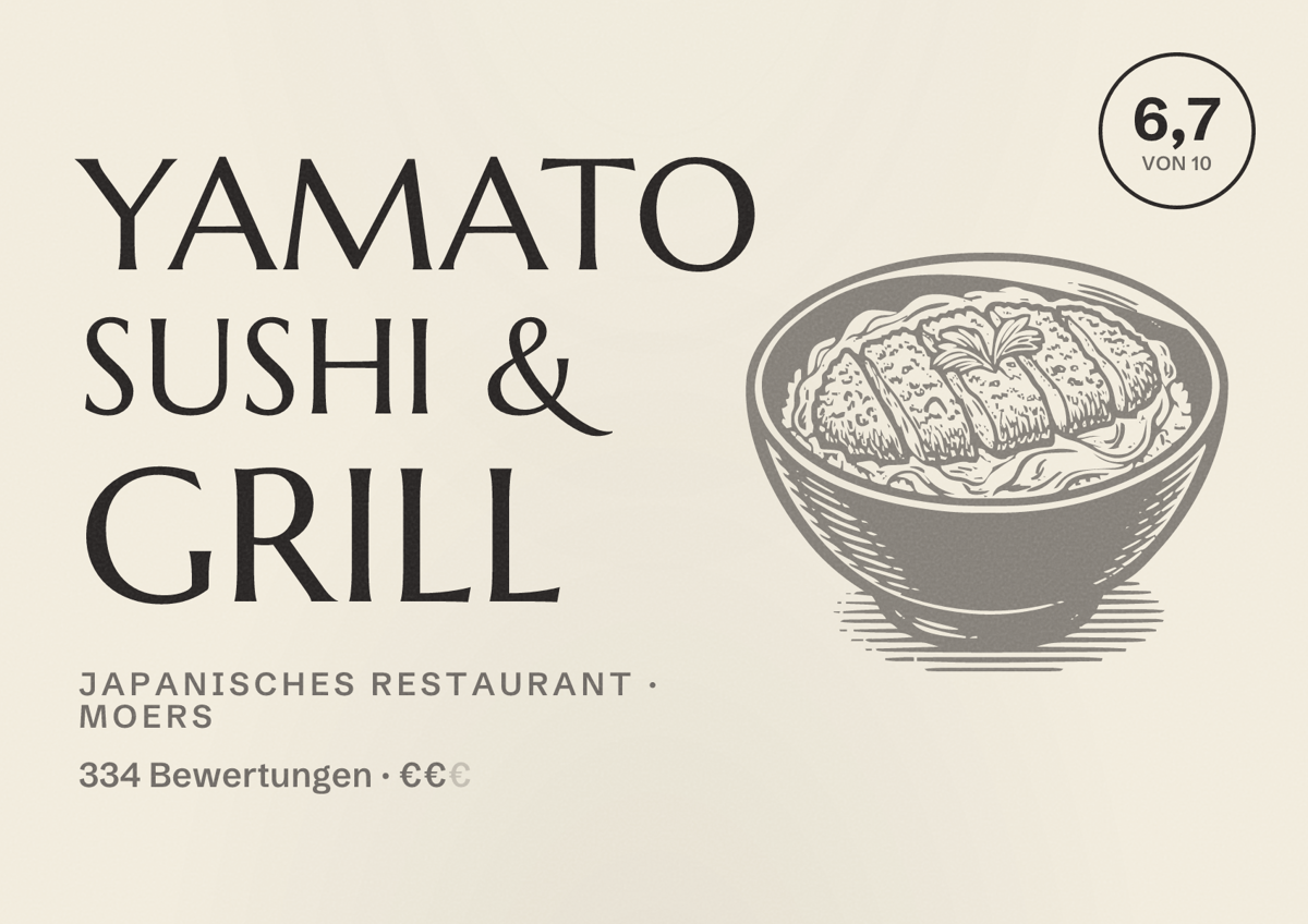 Illustriertes Poster von Yamato Sushi & Grill, Japanisches Restaurant in Moers: Bewertung 6,7 von 10 aus 334 Bewertungen, Preisniveau €€