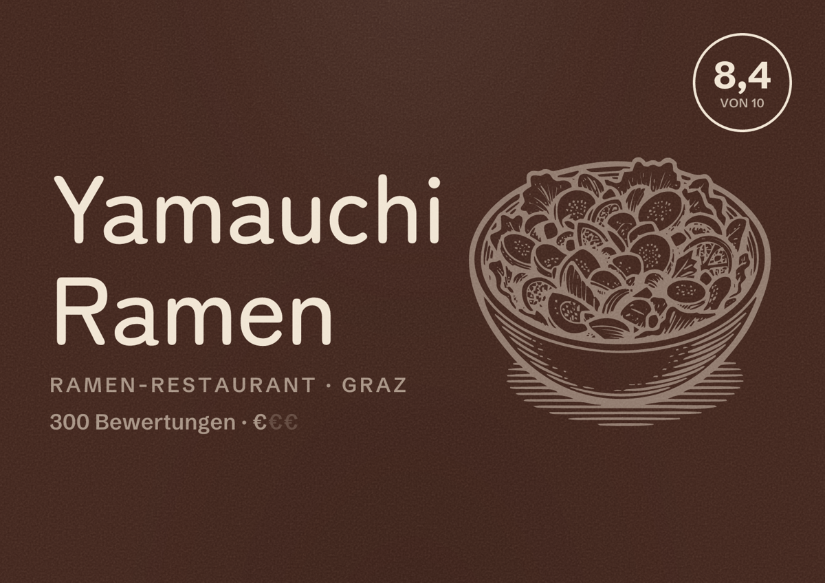 Illustriertes Poster von Yamauchi Ramen, Ramen-Restaurant in Graz: Bewertung 8,4 von 10 aus 300 Bewertungen, Preisniveau €