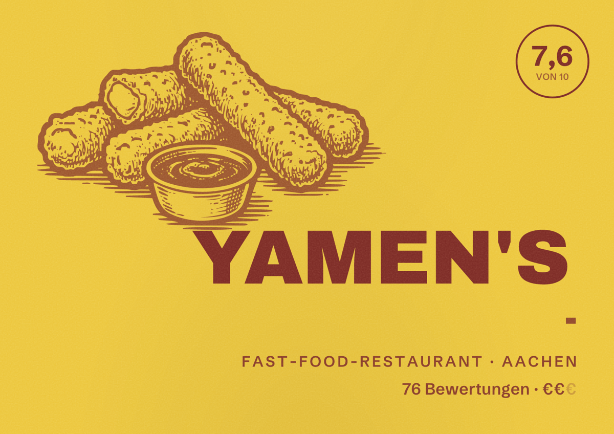 Illustriertes Poster von YAMEN'S -, Fast-Food-Restaurant in Aachen: Bewertung 7,6 von 10 aus 76 Bewertungen, Preisniveau €€