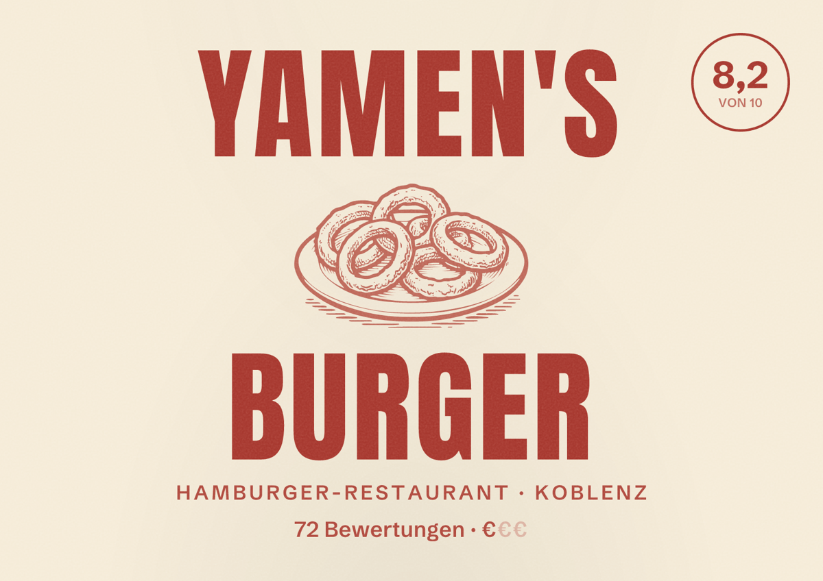 Illustriertes Poster von Yamen's Burger, Hamburger-Restaurant in Koblenz: Bewertung 8,2 von 10 aus 72 Bewertungen, Preisniveau €
