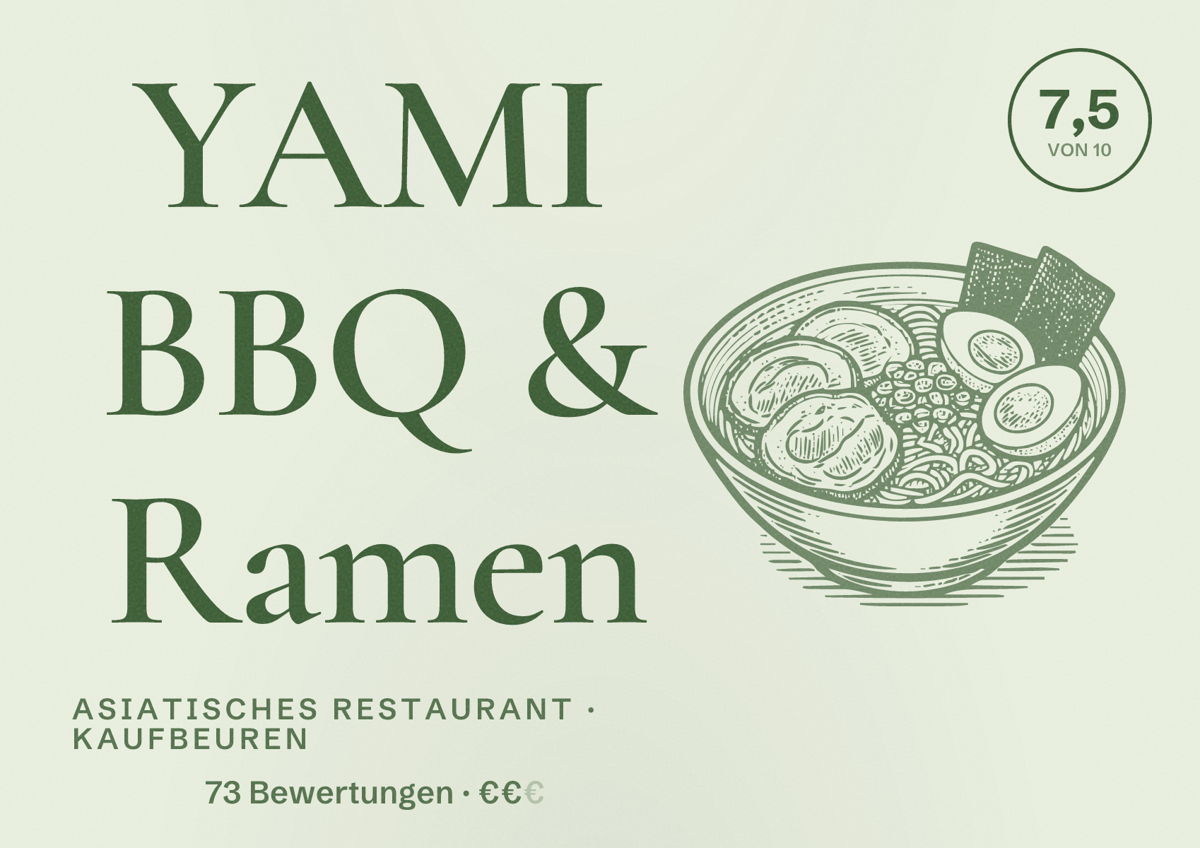 Illustriertes Poster von YAMI BBQ & Ramen, Asiatisches Restaurant in Kaufbeuren: Bewertung 7,5 von 10 aus 73 Bewertungen, Preisniveau €€