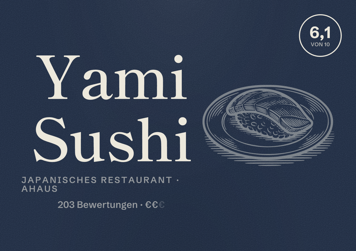 Illustriertes Poster von Yami Sushi, Japanisches Restaurant in Ahaus: Bewertung 6,1 von 10 aus 203 Bewertungen, Preisniveau €€