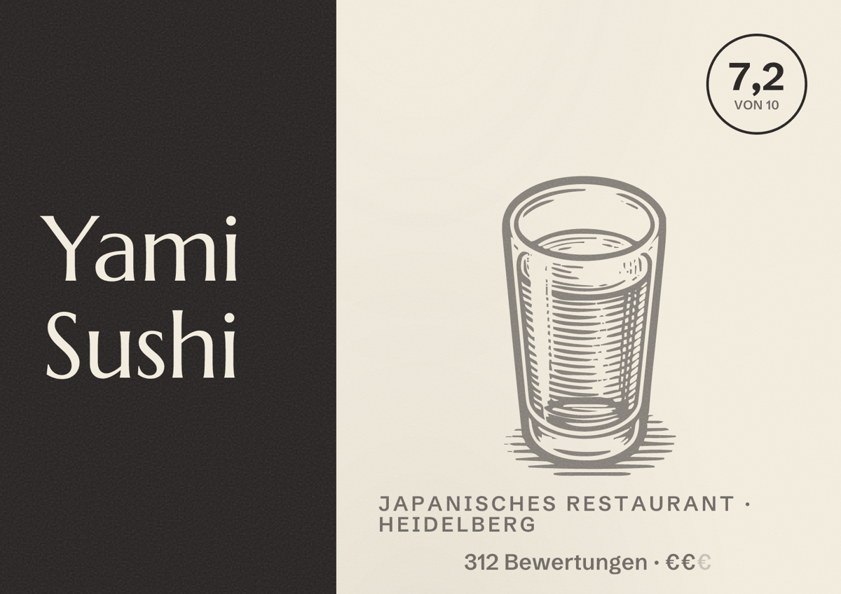 Illustriertes Poster von Yami Sushi, Japanisches Restaurant in Heidelberg: Bewertung 7,2 von 10 aus 312 Bewertungen, Preisniveau €€