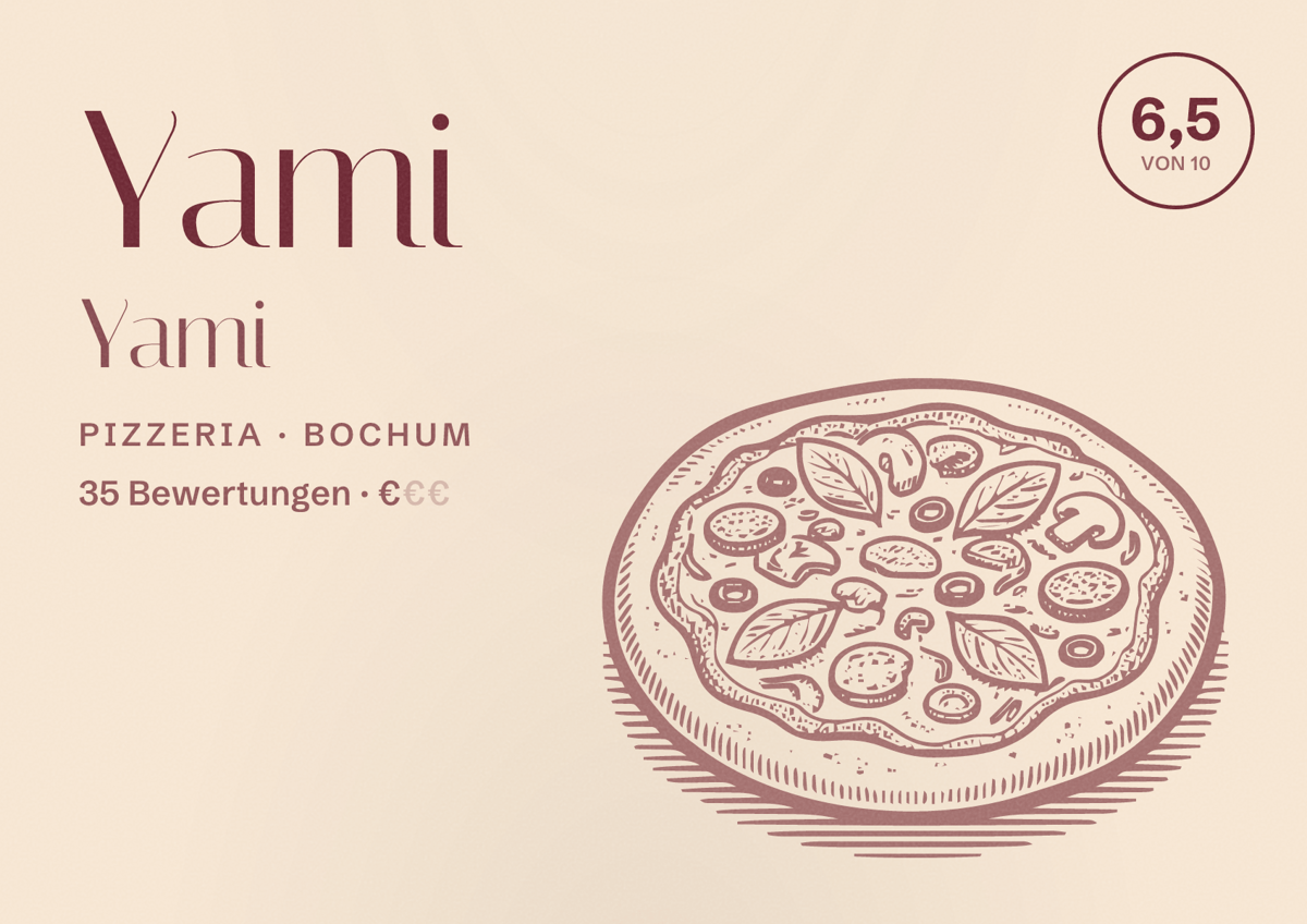 Illustriertes Poster von Yami Yami, Pizzeria in Bochum: Bewertung 6,5 von 10 aus 35 Bewertungen, Preisniveau €